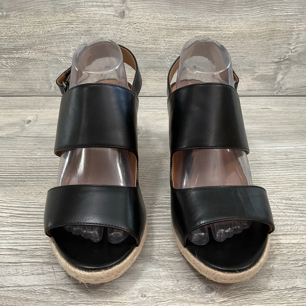 Vionic Brooke Black Leather Espadrille Wedge Beautiful Sandals Women's Size 10 M